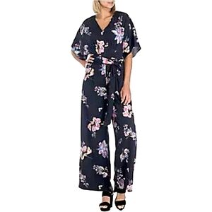 Kaari Blue Floral Short Kimono Sleeve V-Neck Jumpsuit, Size 4, Navy/Pink/White